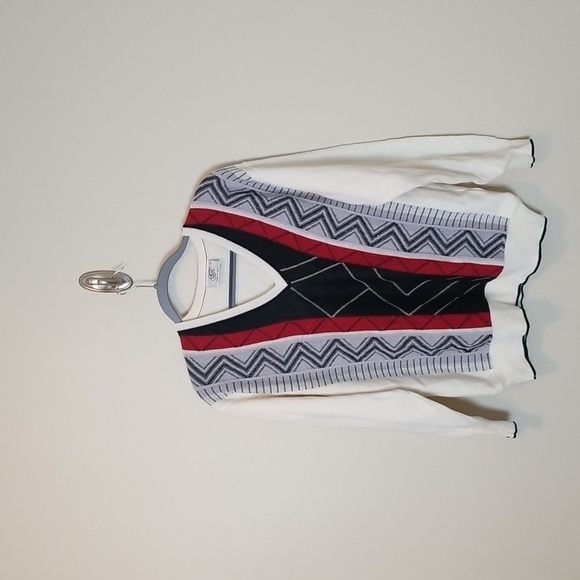 VTG Gabicci White/Red/Black Abstract Print Wool Blend V-Neck Sweater Size Medium - Picture 1 of 10